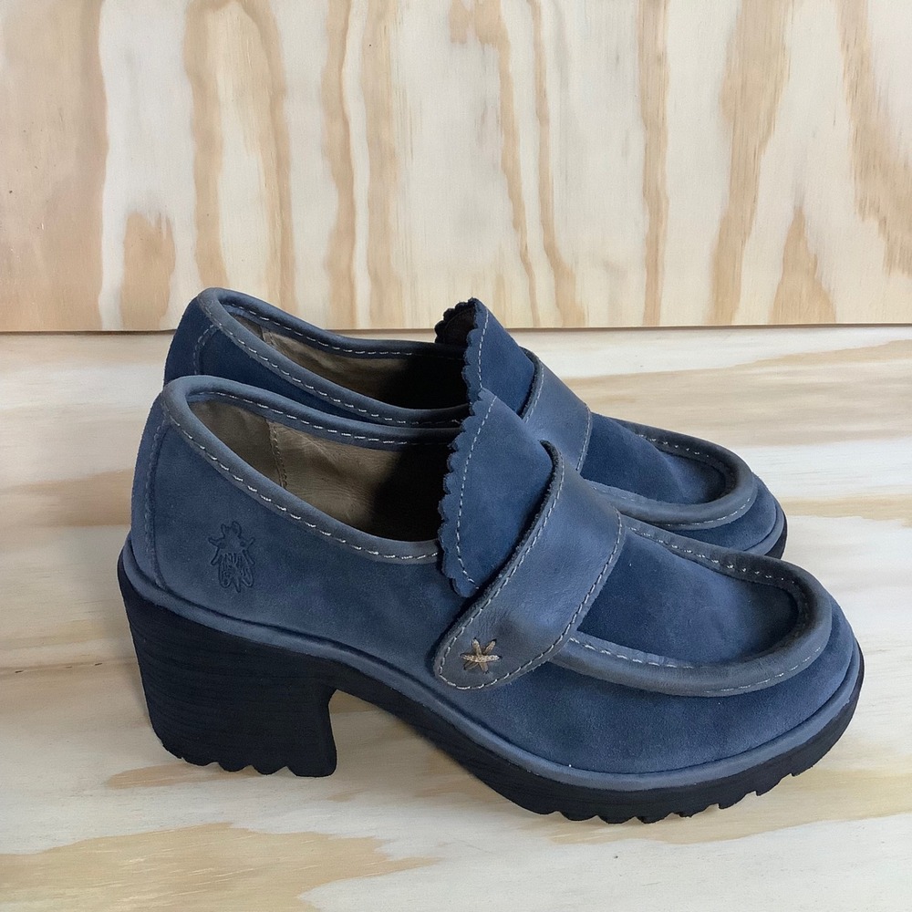 Fly London Blue Suede Platform Loafers Scalloped Edge P500764012 Womens 35